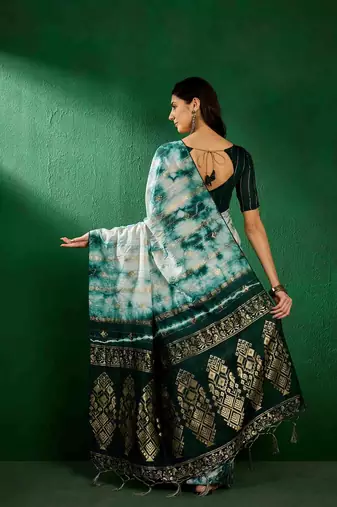 dark green jacquard design cotton saree with unstitched blouse piece