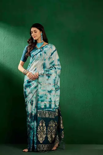 teal jacquard design cotton saree with unstitched blouse piece