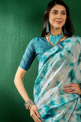 teal jacquard design cotton saree with unstitched blouse piece