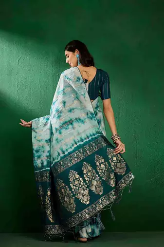 teal jacquard design cotton saree with unstitched blouse piece