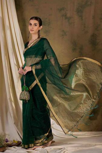 green  organza  saree with unstitched blouse piece