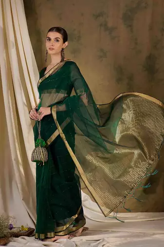 green  organza  saree with unstitched blouse piece