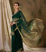 green  organza  saree with unstitched blouse piece