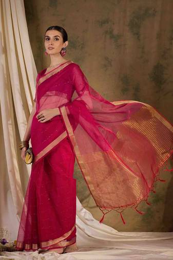 pink  organza  saree with unstitched blouse piece