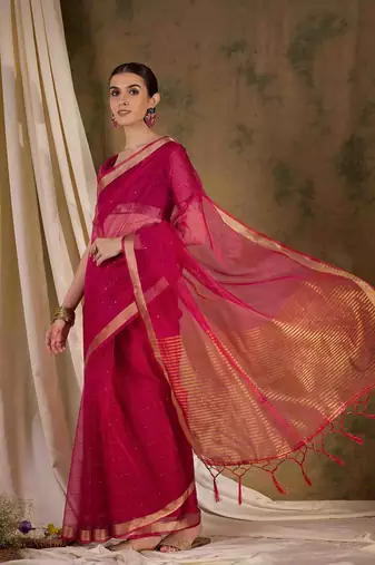 pink  organza  saree with unstitched blouse piece