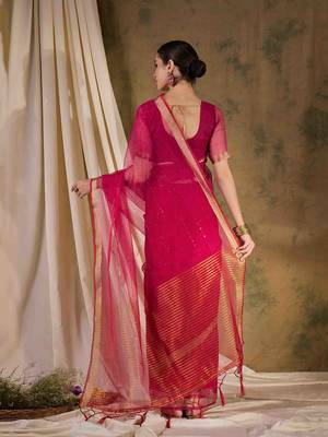 pink organza saree with unstitched blouse piece 3