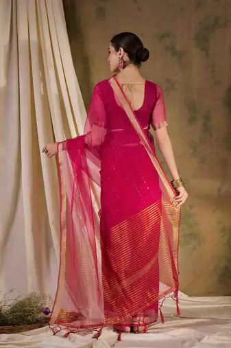 pink  organza  saree with unstitched blouse piece