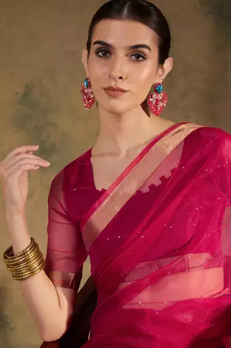 pink  organza  saree with unstitched blouse piece