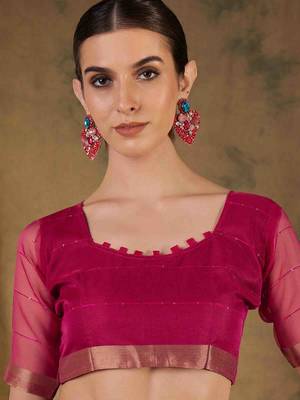 pink organza saree with unstitched blouse piece 5
