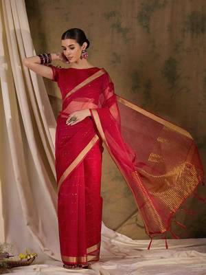 red organza saree with unstitched blouse piece 1