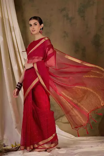 red  organza  saree with unstitched blouse piece