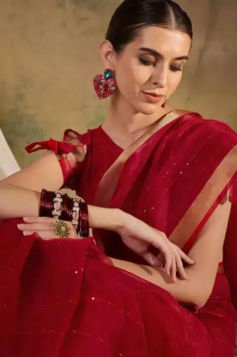 red  organza  saree with unstitched blouse piece