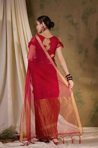 red  organza  saree with unstitched blouse piece