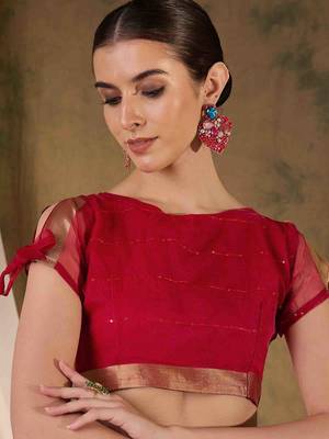 red organza saree with unstitched blouse piece 5