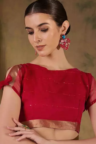 red  organza  saree with unstitched blouse piece