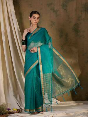 teal organza saree with unstitched blouse piece 1