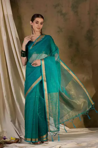 teal  organza  saree with unstitched blouse piece
