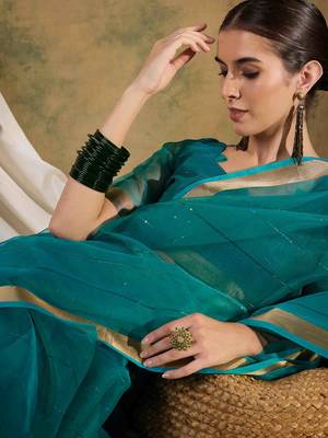 teal organza saree with unstitched blouse piece 3