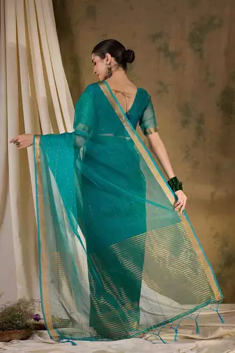 teal organza saree with unstitched blouse piece