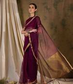 wine  organza  saree with unstitched blouse piece
