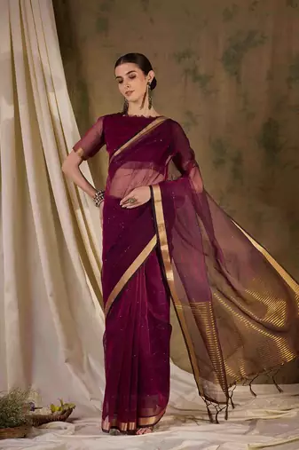 wine organza saree with unstitched blouse piece