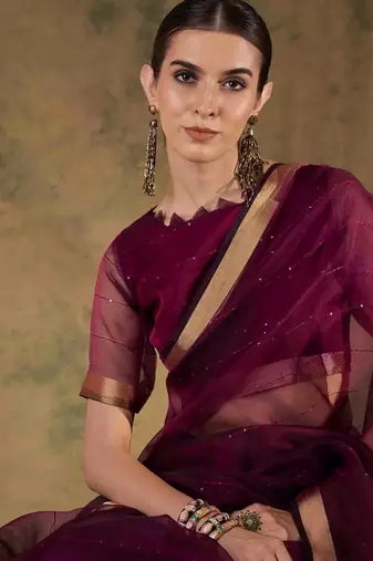 wine organza saree with unstitched blouse piece