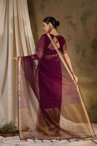 wine organza saree with unstitched blouse piece
