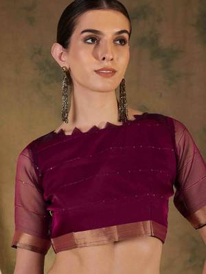 wine organza saree with unstitched blouse piece 5