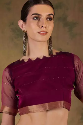 wine organza saree with unstitched blouse piece
