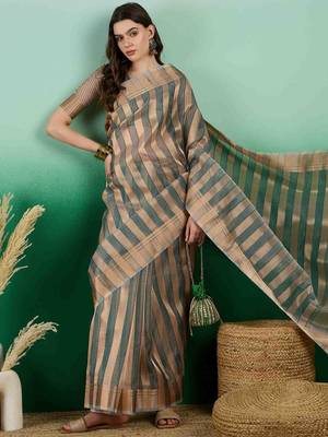 green zari woven banarasi organza saree with unstitched blouse piece 2
