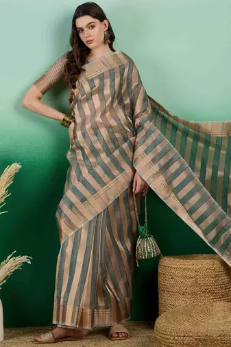 green zari woven banarasi organza saree with unstitched blouse piece