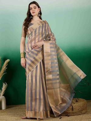 grey zari woven banarasi organza saree with unstitched blouse piece 1