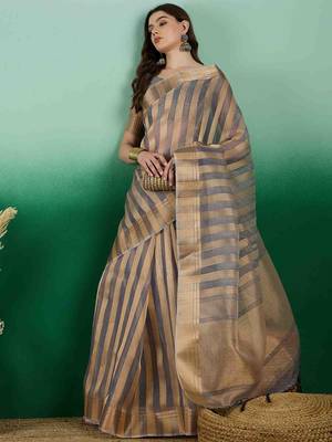 grey zari woven banarasi organza saree with unstitched blouse piece 2