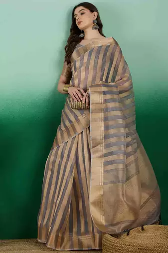 grey zari woven banarasi organza saree with unstitched blouse piece