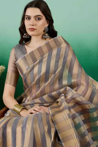 grey zari woven banarasi organza saree with unstitched blouse piece