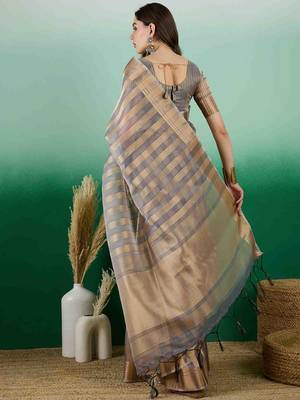grey zari woven banarasi organza saree with unstitched blouse piece 4