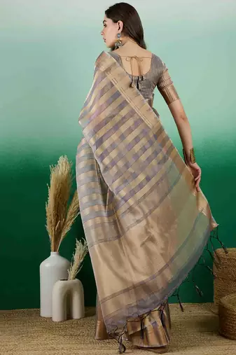 grey zari woven banarasi organza saree with unstitched blouse piece
