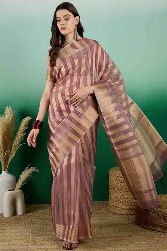 rust zari woven banarasi organza saree with unstitched blouse piece