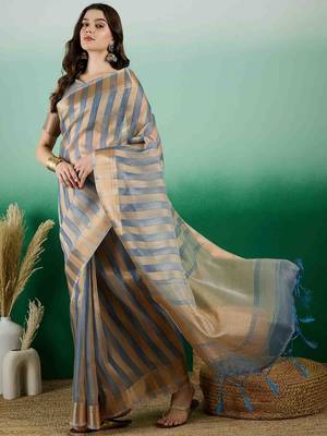 teal zari woven banarasi organza saree with unstitched blouse piece 1