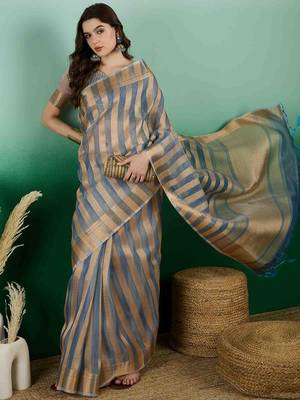 teal zari woven banarasi organza saree with unstitched blouse piece 2