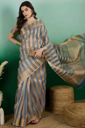 teal zari woven banarasi organza saree with unstitched blouse piece