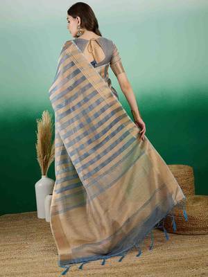 teal zari woven banarasi organza saree with unstitched blouse piece 4