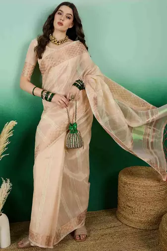 beige zari woven banarasi organza saree with unstitched blouse piece