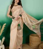 beige zari woven banarasi organza saree with unstitched blouse piece