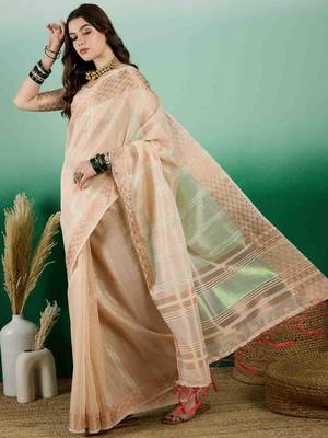 beige zari woven banarasi organza saree with unstitched blouse piece 2