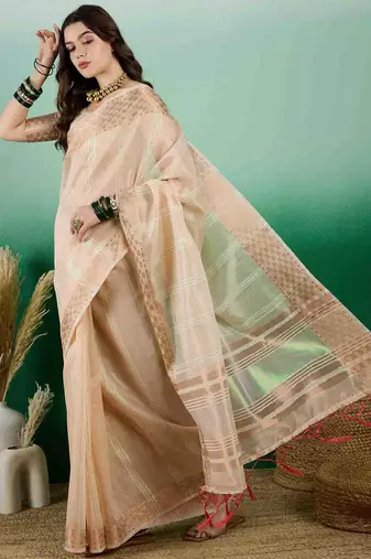 beige zari woven banarasi organza saree with unstitched blouse piece