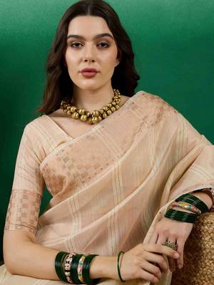 beige zari woven banarasi organza saree with unstitched blouse piece 3