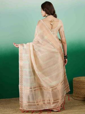 beige zari woven banarasi organza saree with unstitched blouse piece 4