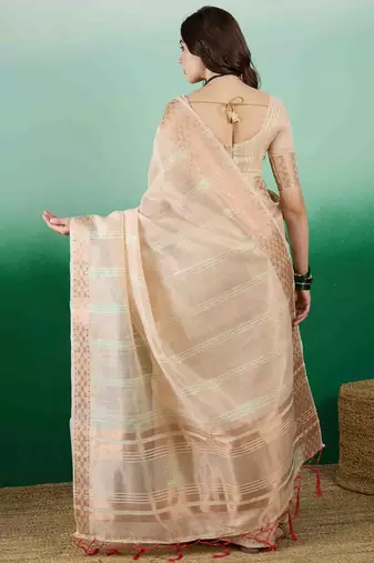 beige zari woven banarasi organza saree with unstitched blouse piece