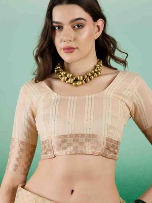 beige zari woven banarasi organza saree with unstitched blouse piece 5